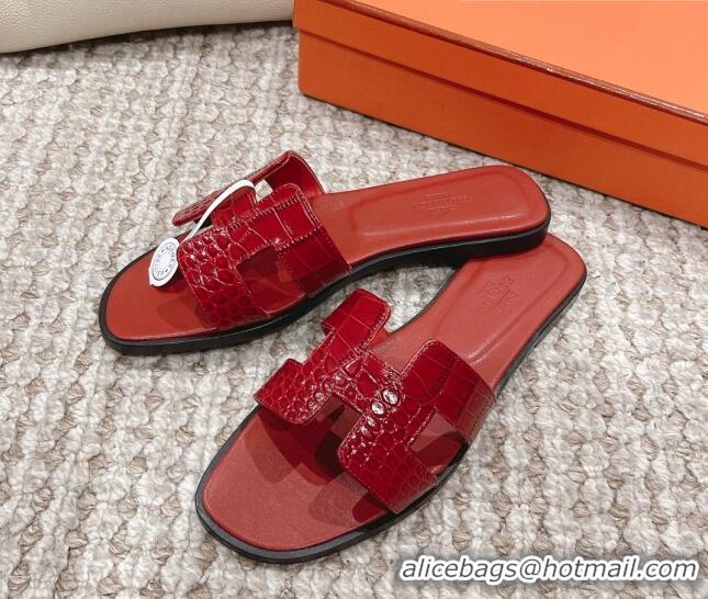 Grade Quality Hermes Classic Flat Slide Sandals in Crocodile Embossed Leather Red 0525152