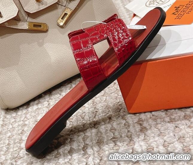 Grade Quality Hermes Classic Flat Slide Sandals in Crocodile Embossed Leather Red 0525152