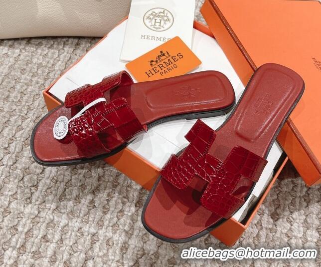 Grade Quality Hermes Classic Flat Slide Sandals in Crocodile Embossed Leather Red 0525152