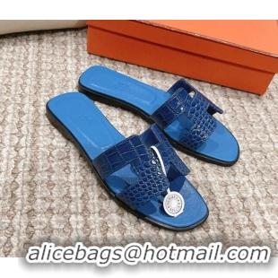 Pretty Style Hermes Classic Flat Slide Sandals in Crocodile Embossed Leather Blue 525153