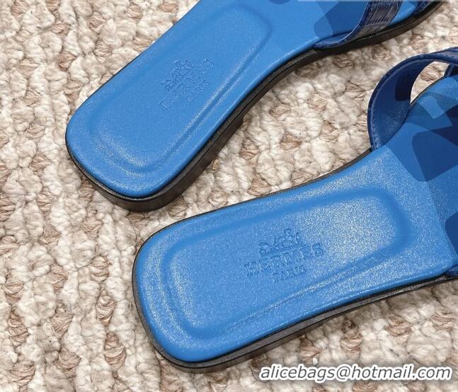 Pretty Style Hermes Classic Flat Slide Sandals in Crocodile Embossed Leather Blue 525153