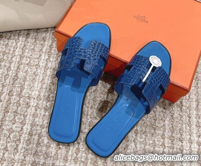 Pretty Style Hermes Classic Flat Slide Sandals in Crocodile Embossed Leather Blue 525153