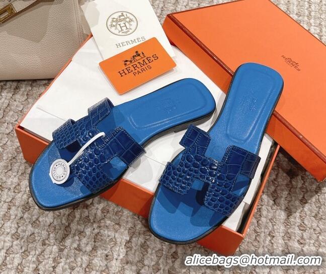 Pretty Style Hermes Classic Flat Slide Sandals in Crocodile Embossed Leather Blue 525153