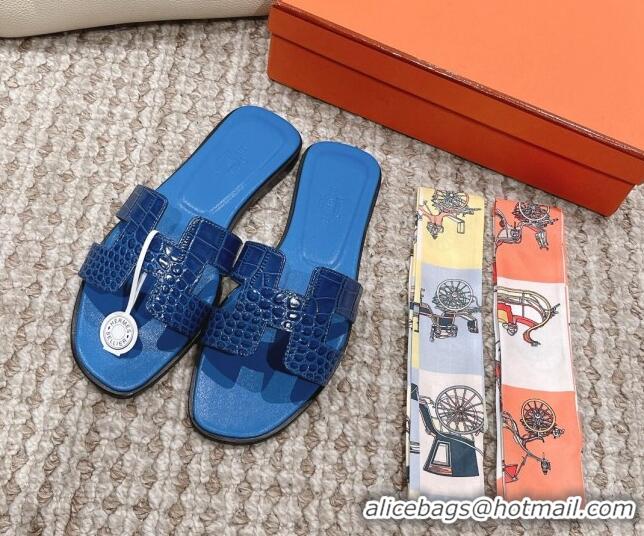 Pretty Style Hermes Classic Flat Slide Sandals in Crocodile Embossed Leather Blue 525153