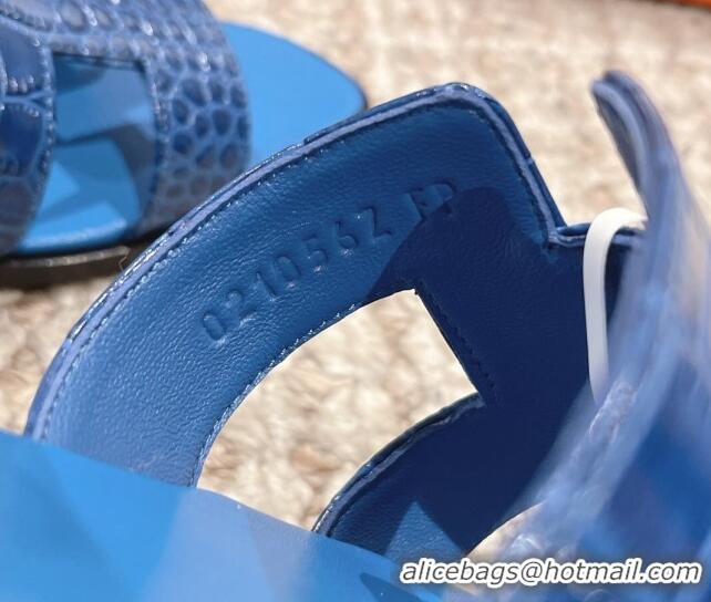 Pretty Style Hermes Classic Flat Slide Sandals in Crocodile Embossed Leather Blue 525153