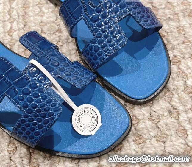 Pretty Style Hermes Classic Flat Slide Sandals in Crocodile Embossed Leather Blue 525153