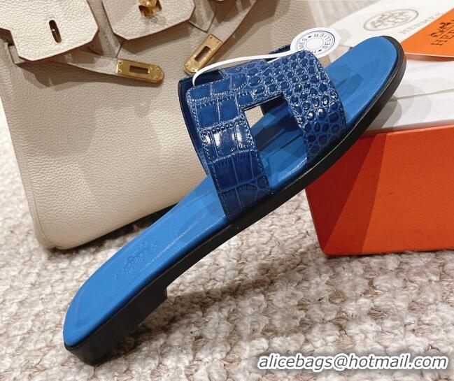 Pretty Style Hermes Classic Flat Slide Sandals in Crocodile Embossed Leather Blue 525153