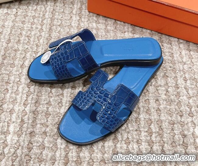 Pretty Style Hermes Classic Flat Slide Sandals in Crocodile Embossed Leather Blue 525153