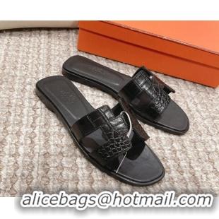 Classic Hot Hermes Classic Flat Slide Sandals in Crocodile Embossed Leather Black 525154