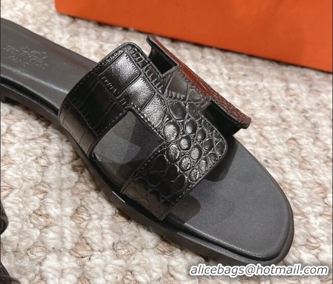 Classic Hot Hermes Classic Flat Slide Sandals in Crocodile Embossed Leather Black 525154