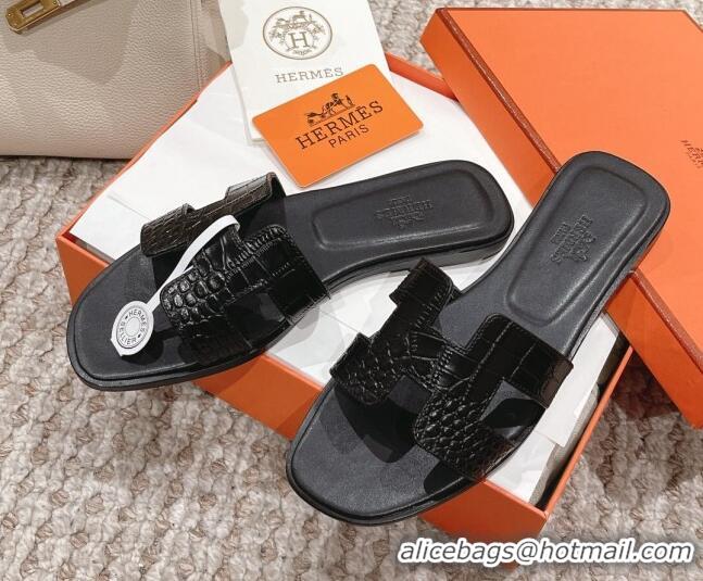 Classic Hot Hermes Classic Flat Slide Sandals in Crocodile Embossed Leather Black 525154