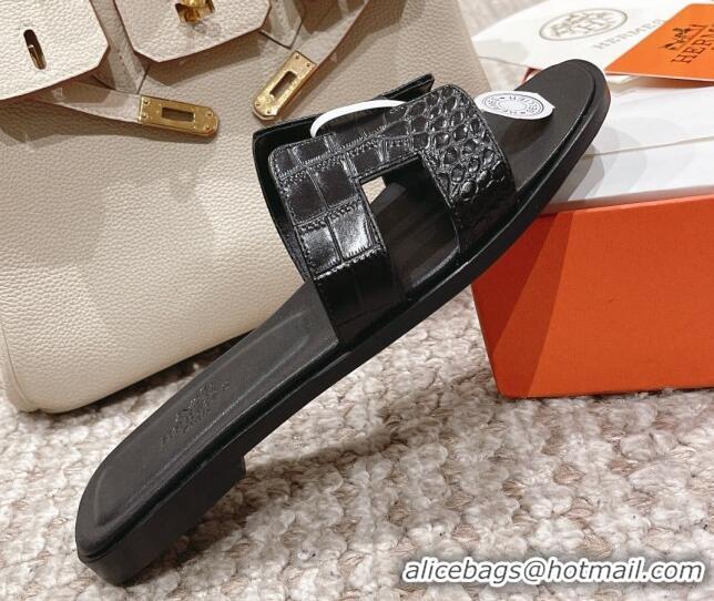 Classic Hot Hermes Classic Flat Slide Sandals in Crocodile Embossed Leather Black 525154