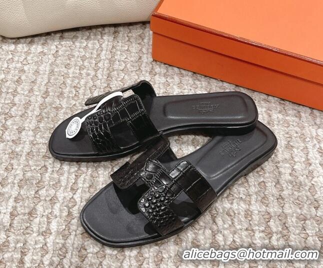 Classic Hot Hermes Classic Flat Slide Sandals in Crocodile Embossed Leather Black 525154