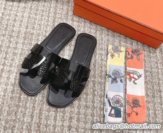 Classic Hot Hermes Classic Flat Slide Sandals in Crocodile Embossed Leather Black 525154