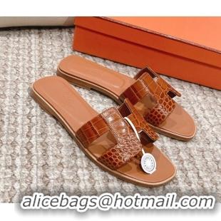 Top Grade Hermes Classic Flat Slide Sandals in Crocodile Embossed Leather Brown 525155