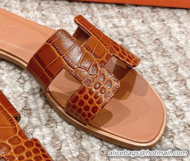 Top Grade Hermes Classic Flat Slide Sandals in Crocodile Embossed Leather Brown 525155