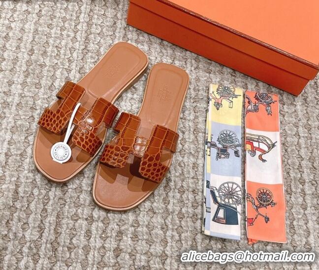 Top Grade Hermes Classic Flat Slide Sandals in Crocodile Embossed Leather Brown 525155