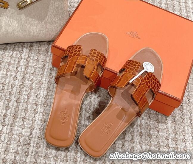 Top Grade Hermes Classic Flat Slide Sandals in Crocodile Embossed Leather Brown 525155