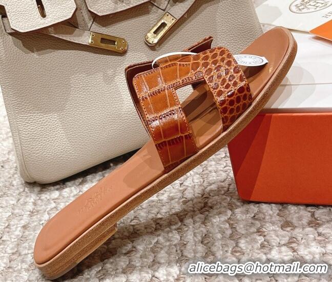 Top Grade Hermes Classic Flat Slide Sandals in Crocodile Embossed Leather Brown 525155