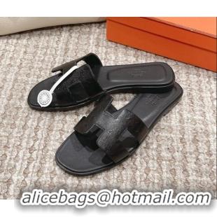 Best Price Hermes Classic Flat Slide Sandals in Ostrich Embossed Leather Black 0525156