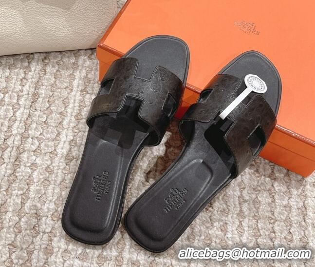 Best Price Hermes Classic Flat Slide Sandals in Ostrich Embossed Leather Black 0525156