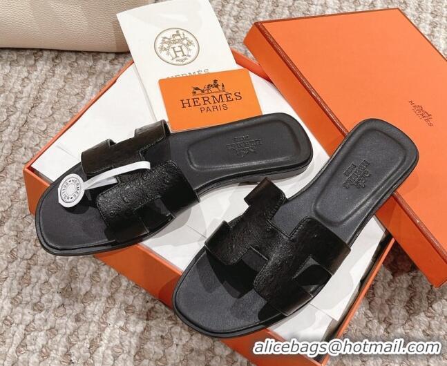 Best Price Hermes Classic Flat Slide Sandals in Ostrich Embossed Leather Black 0525156