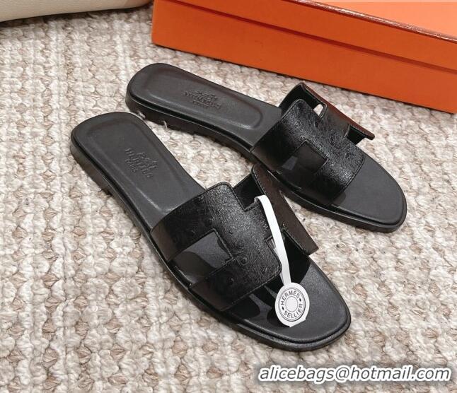 Best Price Hermes Classic Flat Slide Sandals in Ostrich Embossed Leather Black 0525156