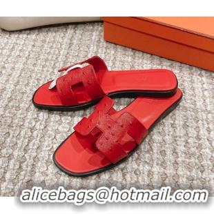 Pretty Style Hermes Classic Flat Slide Sandals in Ostrich Embossed Leather Red 525157