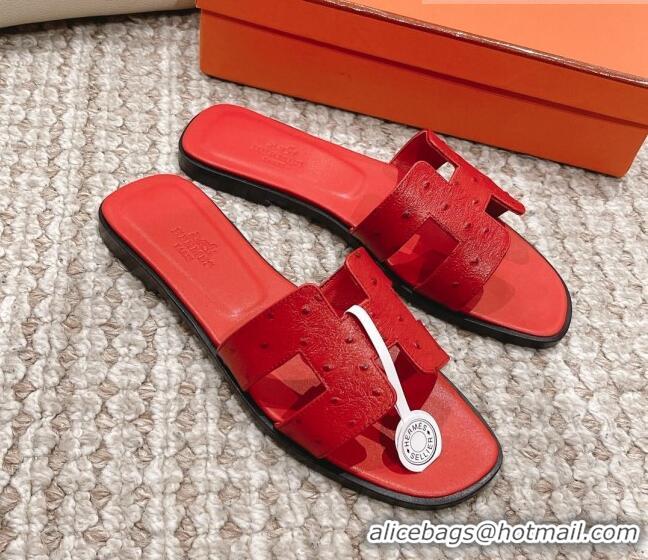 Pretty Style Hermes Classic Flat Slide Sandals in Ostrich Embossed Leather Red 525157