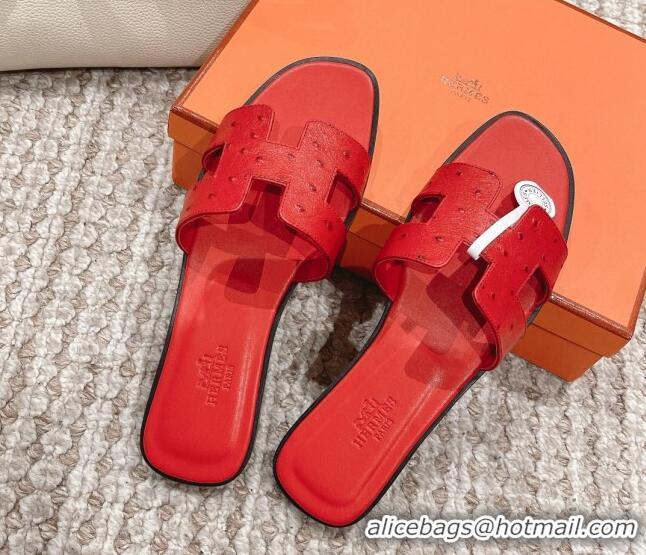 Pretty Style Hermes Classic Flat Slide Sandals in Ostrich Embossed Leather Red 525157