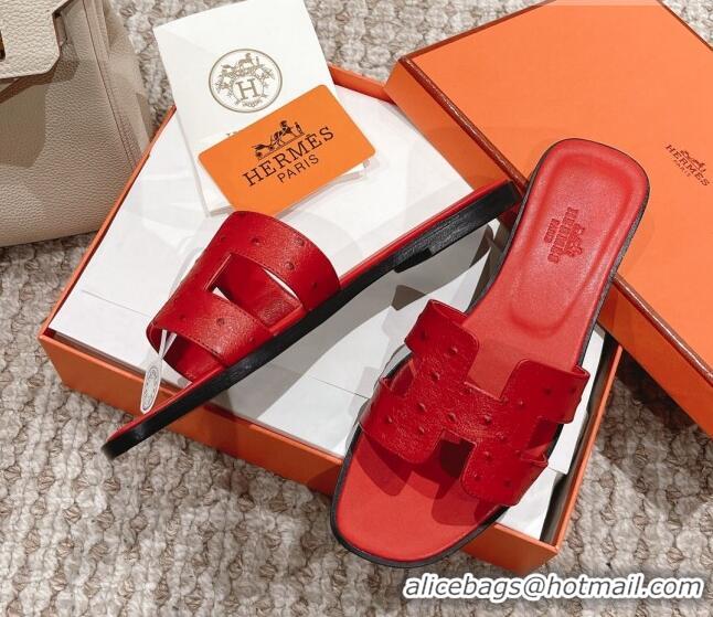 Pretty Style Hermes Classic Flat Slide Sandals in Ostrich Embossed Leather Red 525157