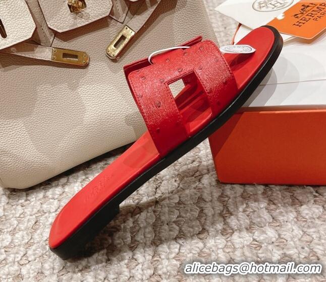 Pretty Style Hermes Classic Flat Slide Sandals in Ostrich Embossed Leather Red 525157