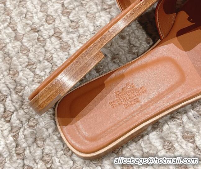 Best Product Hermes Classic Flat Slide Sandals in Ostrich Embossed Leather Brown 525158