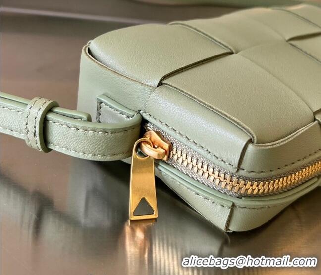 Promotional Bottega Veneta Mini Cassette Cross-Body Bag in Intreccio Leather 755031 Travertine Green 2023