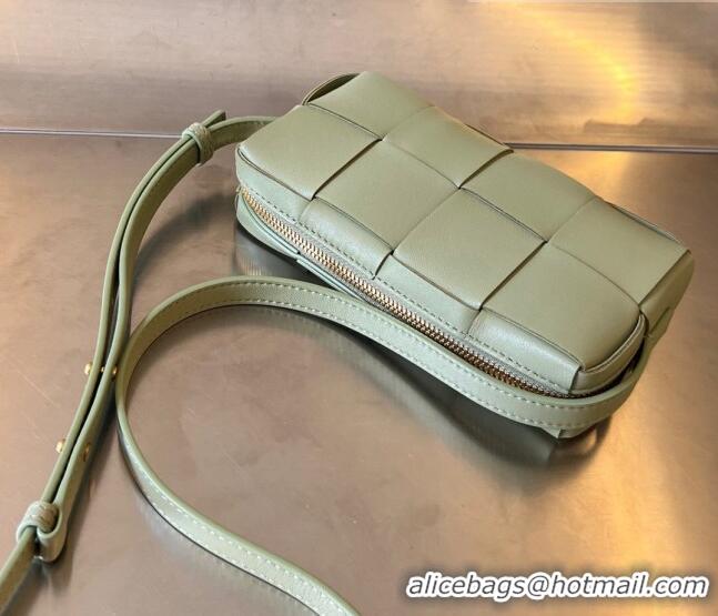 Promotional Bottega Veneta Mini Cassette Cross-Body Bag in Intreccio Leather 755031 Travertine Green 2023