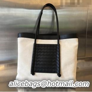 Famous Brand Bottega Veneta Portello Tote Bag in Canvas and Intreccio Leather 755776 White/Black 2023