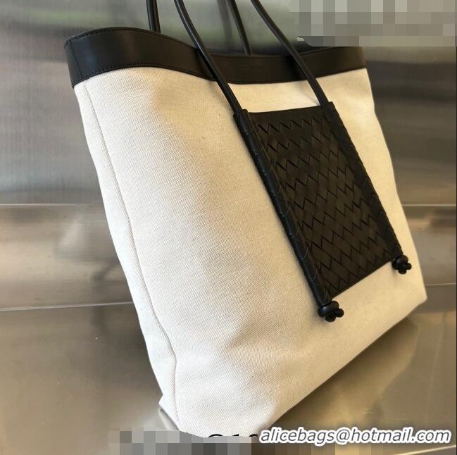 Famous Brand Bottega Veneta Portello Tote Bag in Canvas and Intreccio Leather 755776 White/Black 2023