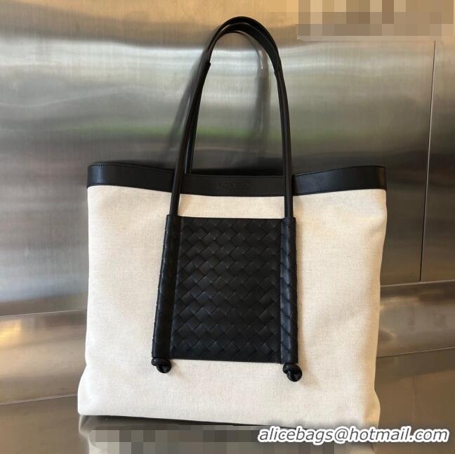 Famous Brand Bottega Veneta Portello Tote Bag in Canvas and Intreccio Leather 755776 White/Black 2023