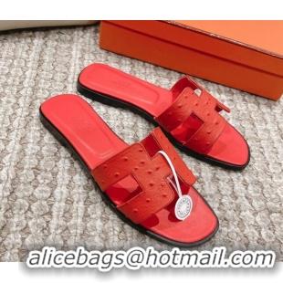 Best Grade Hermes Classic Flat Slide Sandals in Ostrich Embossed Leather Orange Red 525159