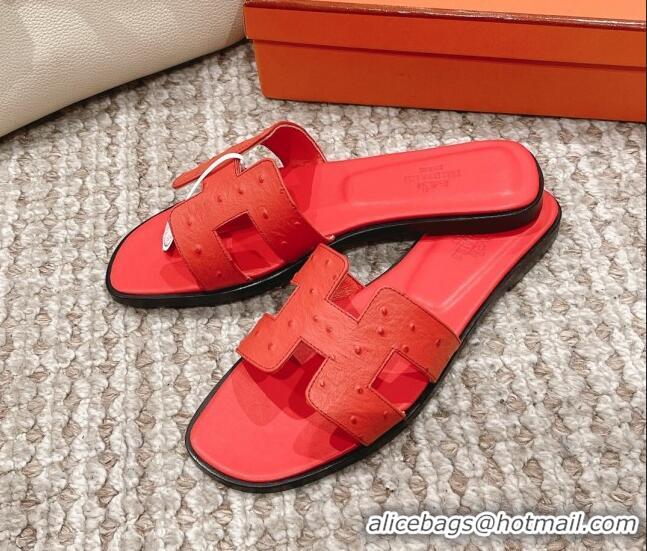 Best Grade Hermes Classic Flat Slide Sandals in Ostrich Embossed Leather Orange Red 525159