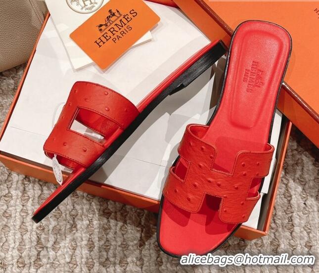 Best Grade Hermes Classic Flat Slide Sandals in Ostrich Embossed Leather Orange Red 525159