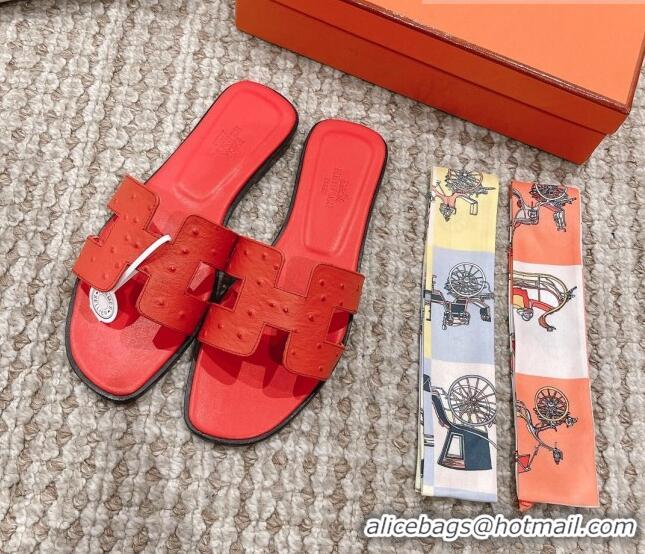 Best Grade Hermes Classic Flat Slide Sandals in Ostrich Embossed Leather Orange Red 525159