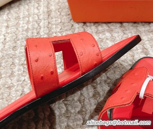 Best Grade Hermes Classic Flat Slide Sandals in Ostrich Embossed Leather Orange Red 525159