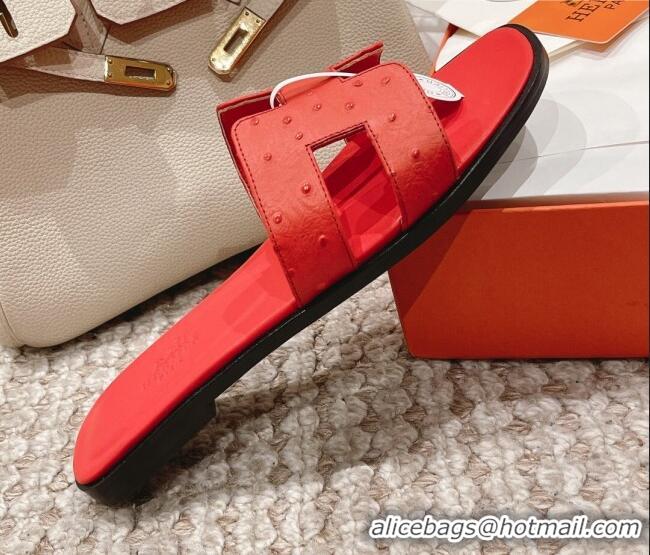 Best Grade Hermes Classic Flat Slide Sandals in Ostrich Embossed Leather Orange Red 525159