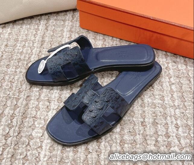 Luxurious Hermes Classic Flat Slide Sandals in Ostrich Embossed Leather Dark Blue 525160