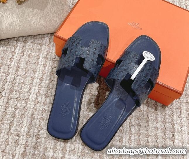 Luxurious Hermes Classic Flat Slide Sandals in Ostrich Embossed Leather Dark Blue 525160