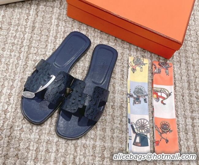 Luxurious Hermes Classic Flat Slide Sandals in Ostrich Embossed Leather Dark Blue 525160