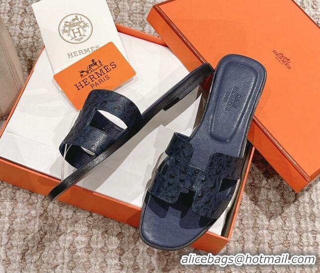 Luxurious Hermes Classic Flat Slide Sandals in Ostrich Embossed Leather Dark Blue 525160