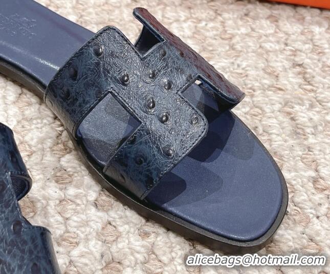 Luxurious Hermes Classic Flat Slide Sandals in Ostrich Embossed Leather Dark Blue 525160