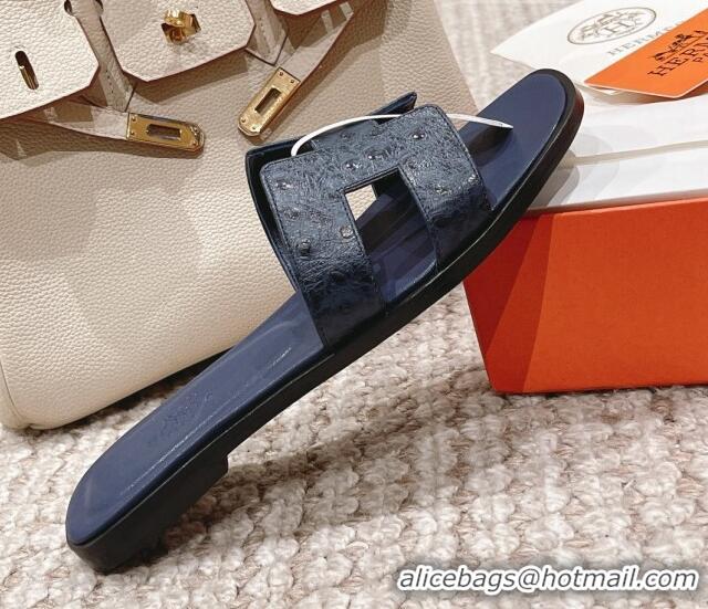 Luxurious Hermes Classic Flat Slide Sandals in Ostrich Embossed Leather Dark Blue 525160